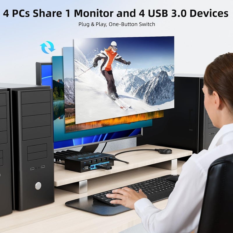 DXchip 8K HDMI 2.1 KVM Switch 4 Computers 4 Port USB 3.0 8K@60Hz/4K@144Hz 4 In 1 Out Keyboard Mouse KVM Switches EDID Emulator for 4 PCs Share 1 Monitor and 4 USB Devices, with 4 USB 3.0 Cable & Wired Remote - Image 5